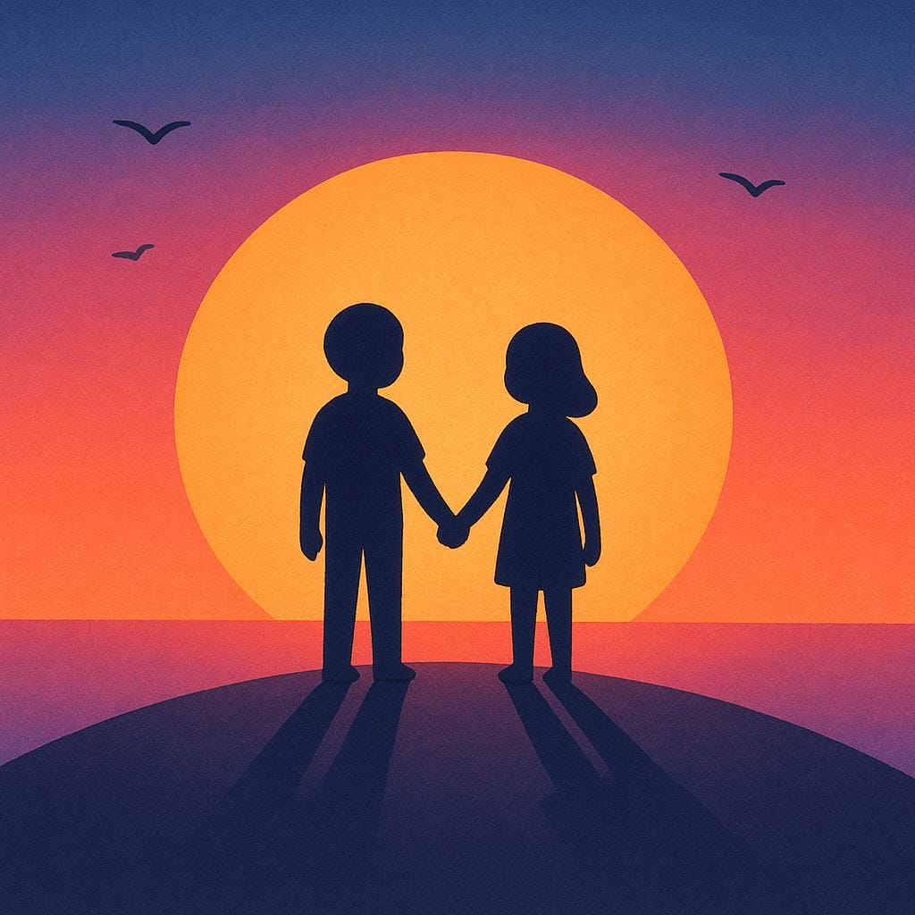 A simple illustration of two figures holding hands, silhouetted against a warm, setting sun, symbolizing a loving relationship.