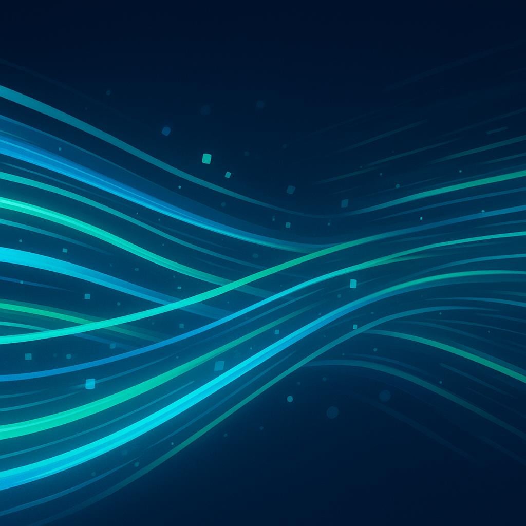 Abstract glowing lines of green and blue digital data flowing rapidly across a dark surface, symbolizing programming instructions.