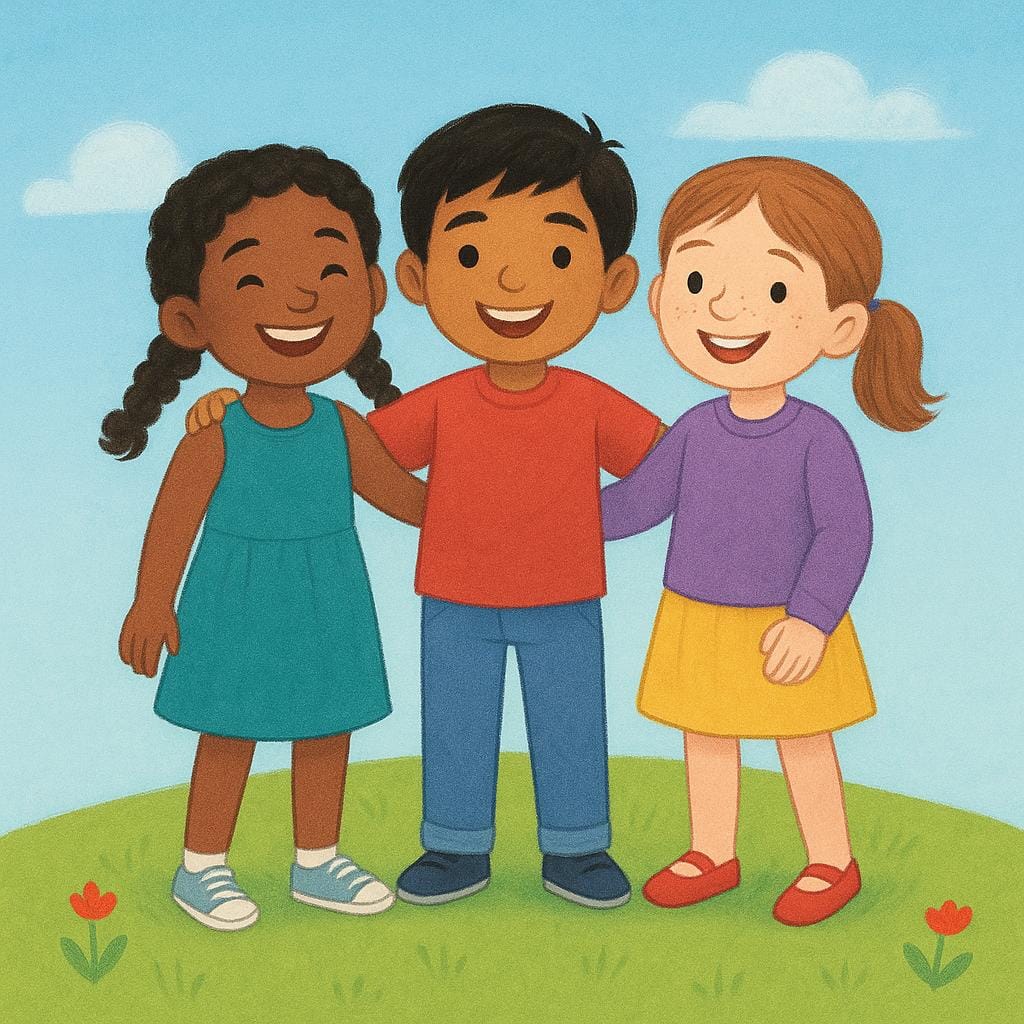 A high quality storybook illustration showing three smiling children standing closely together on a green hill under a blue sky, symbolizing the plural 'you'.