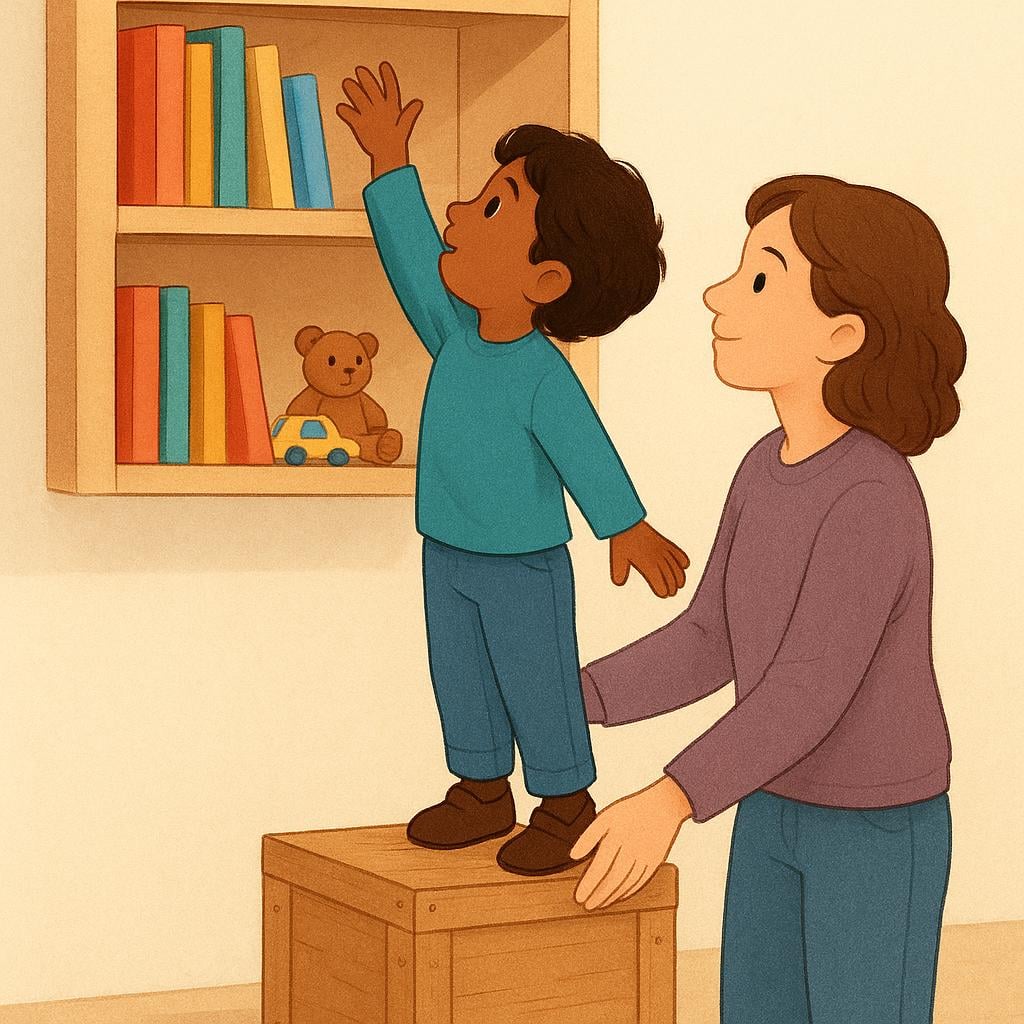 A slightly taller person is gently steadying a wooden crate. A small child is standing on the crate, successfully reaching an object on a high shelf, illustrating the completed action of helping.