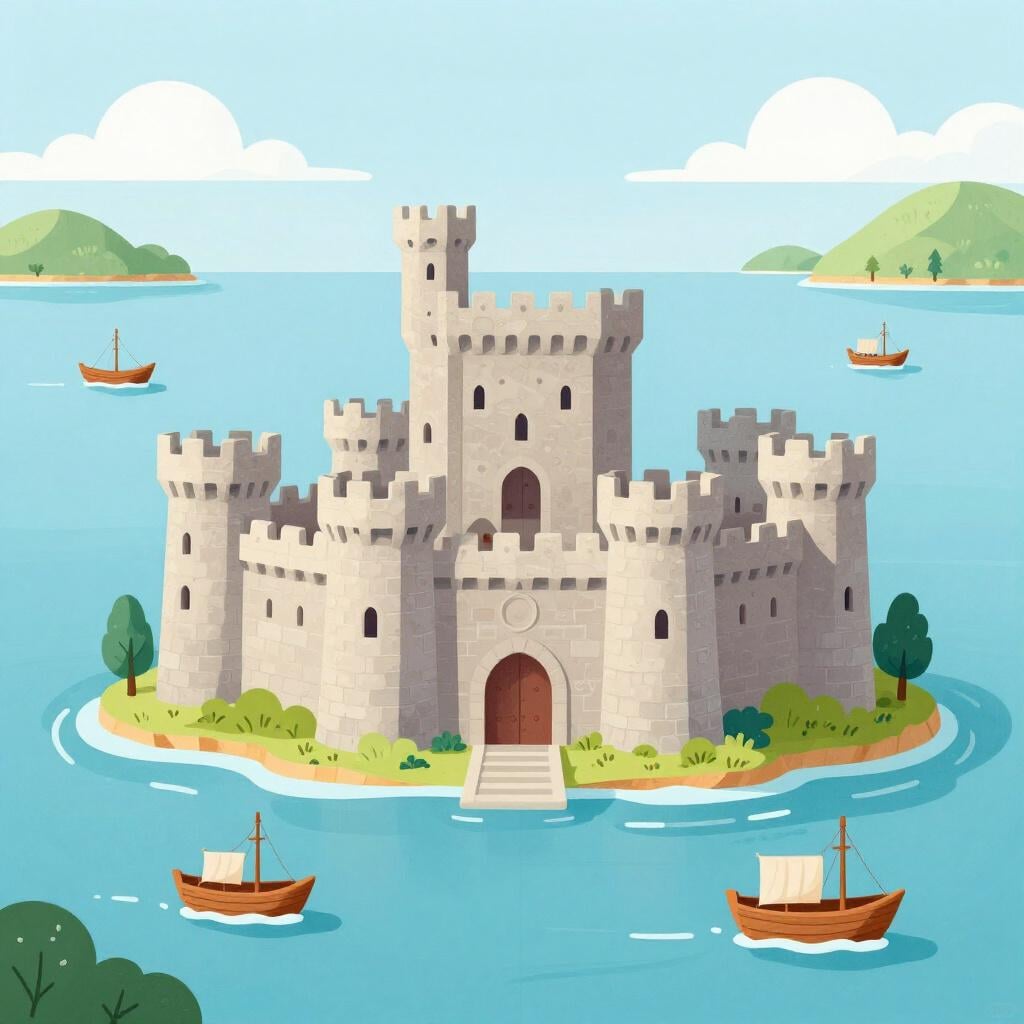 Un grand château central sur une colline surplombant un petit port avec plusieurs petits navires s'éloignant vers de petites îles lointaines.