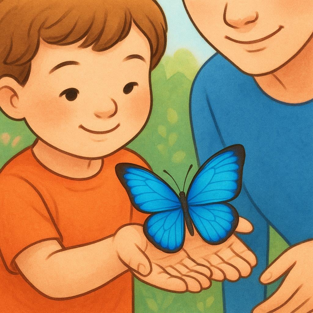 A child holding open their hands to show a small, colorful butterfly to someone else.