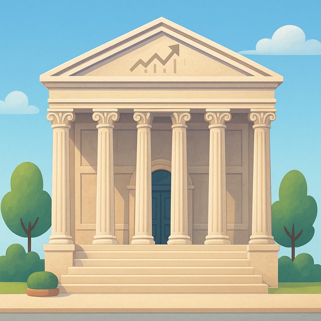 A majestic, classical building facade with tall columns, symbolizing a financial institution or stock exchange.