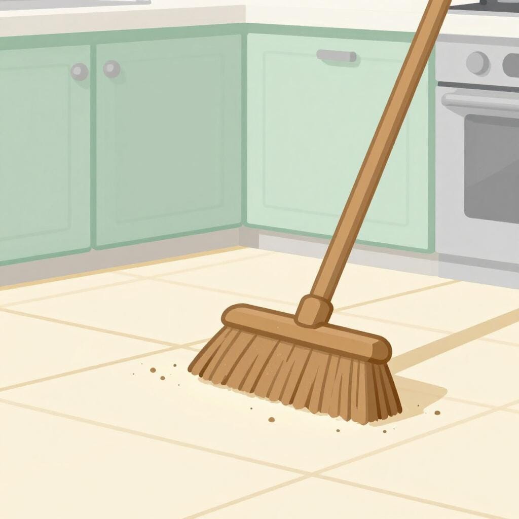 A wooden broom moving across a tiled floor, gathering a small pile of dust and crumbs.