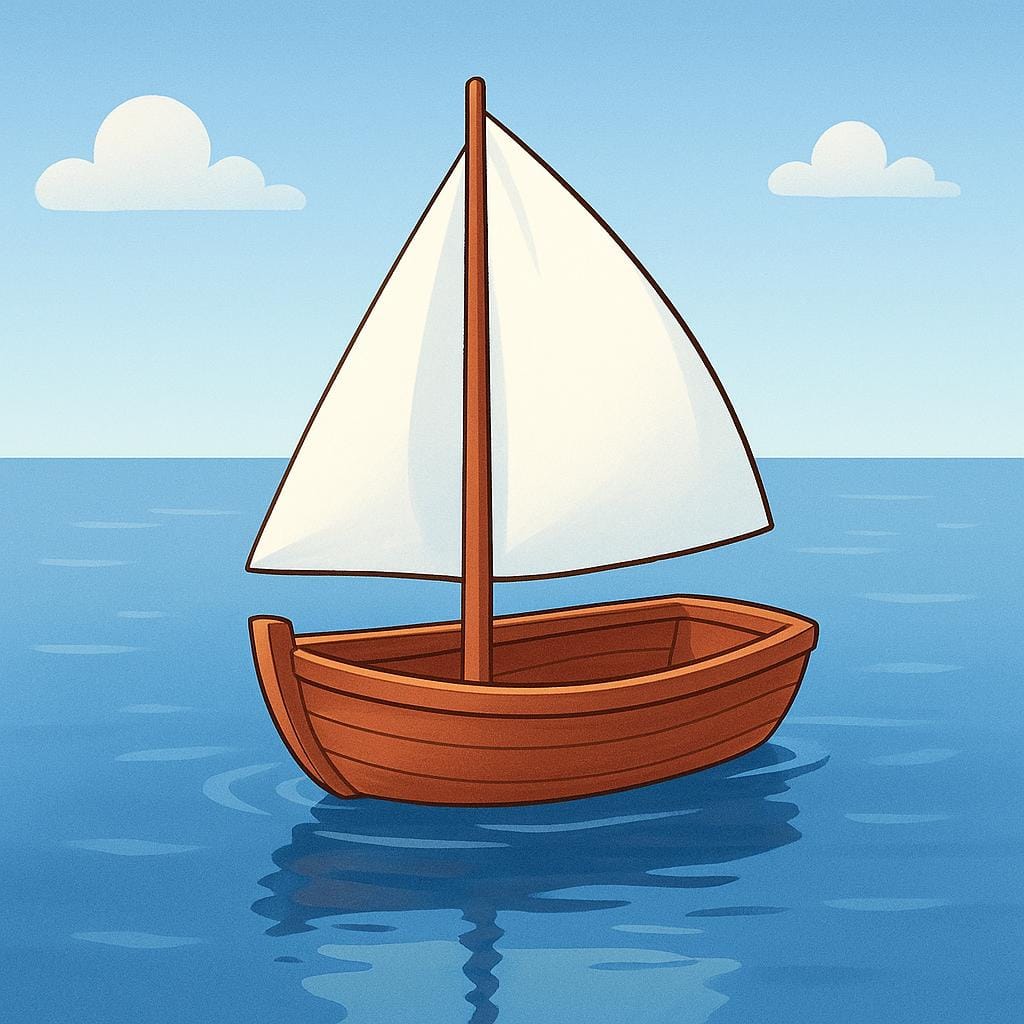 A simple wooden sailboat with a large white sail floating on calm blue water under a bright sky.