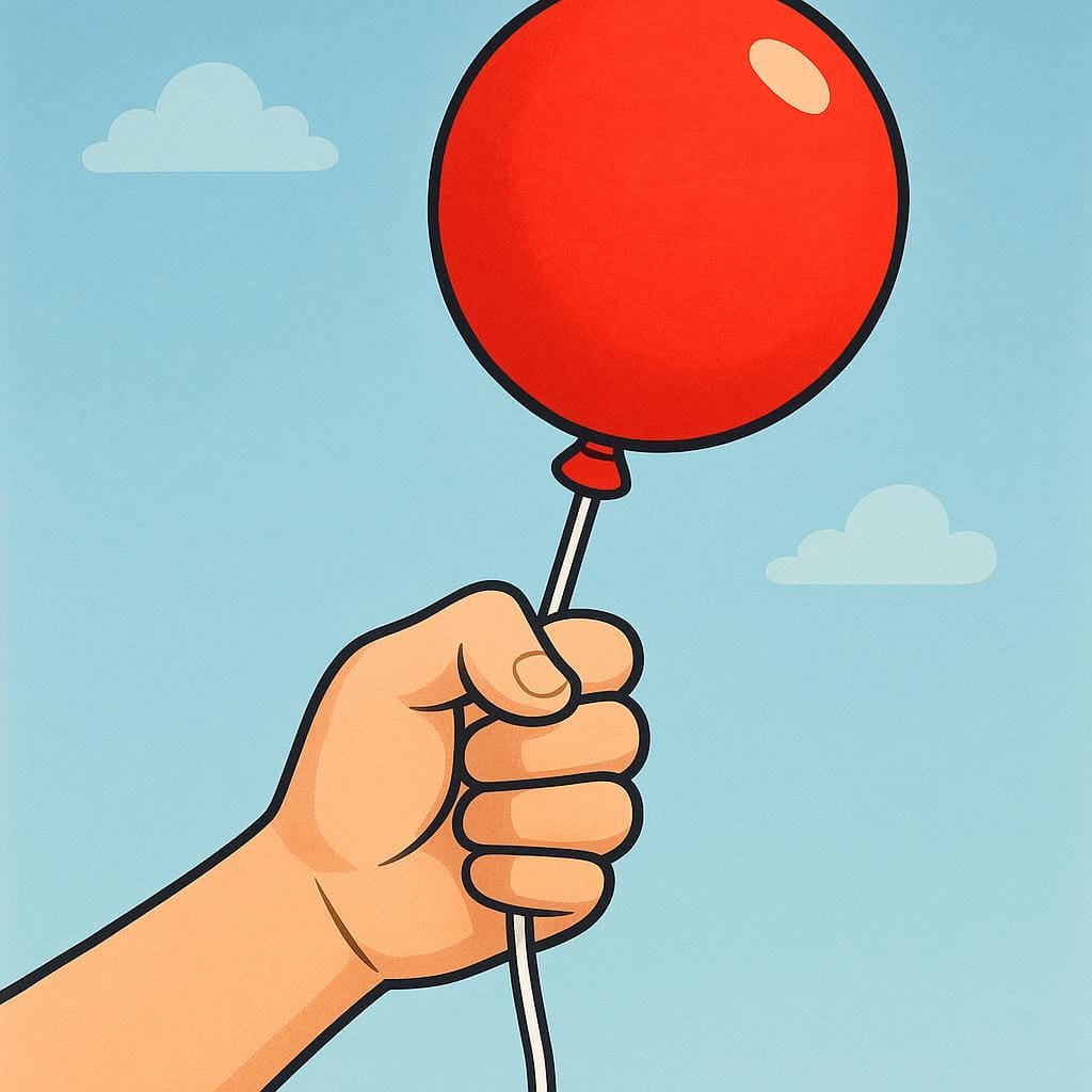 A close-up view of a hand tightly gripping the string of a vibrant red balloon, preventing it from floating away.
