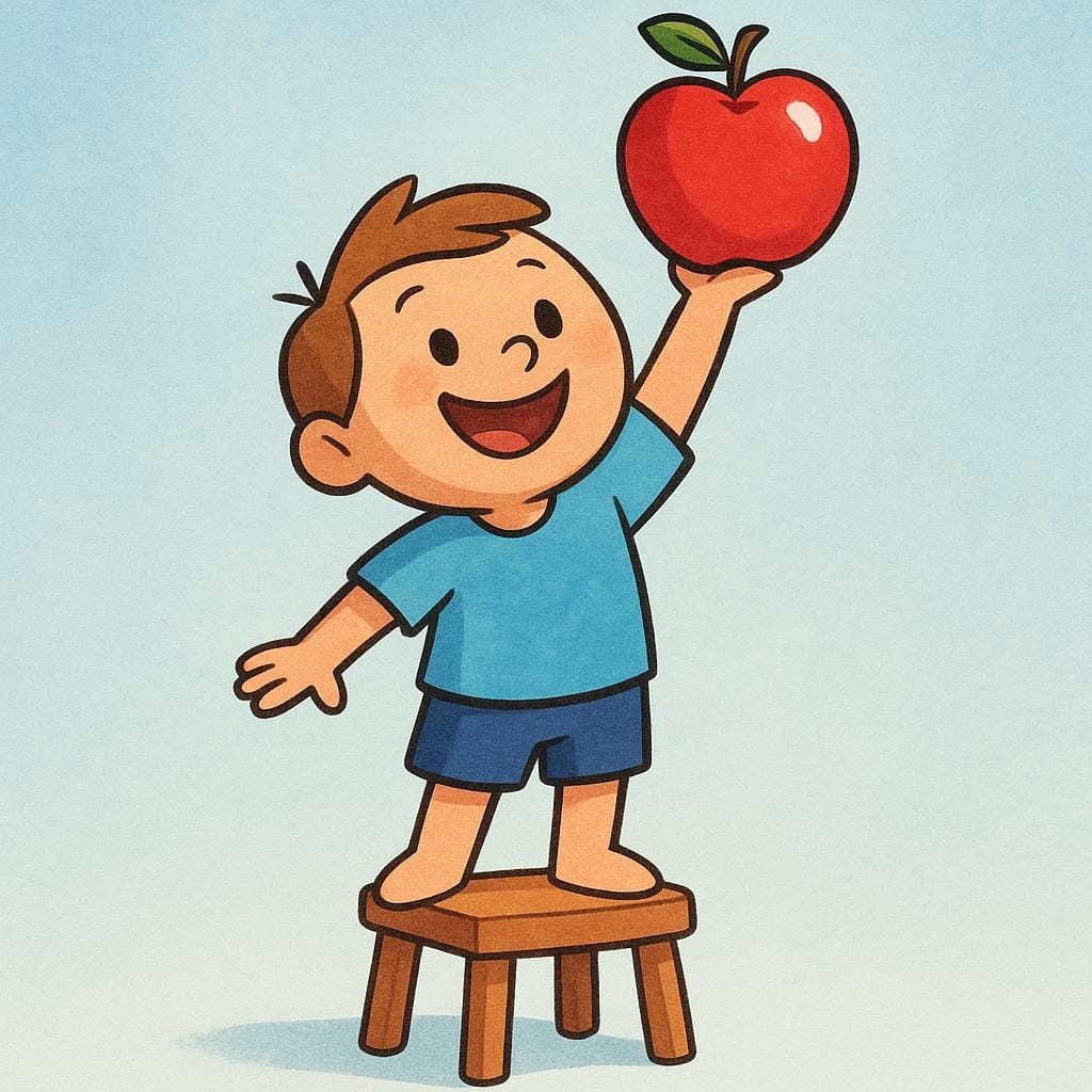 Un personaggio sorridente in piedi su un piccolo sgabello, che tiene con successo una mela rossa dai colori vivaci che prima era irraggiungibile, illustrando l'azione di ottenere qualcosa.