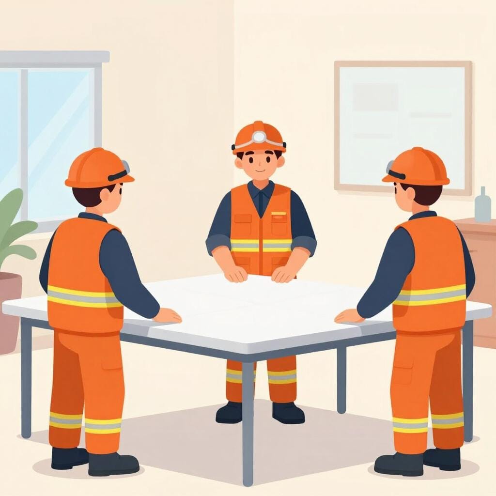 A group of rescue workers in orange vests standing together around a map on a table.