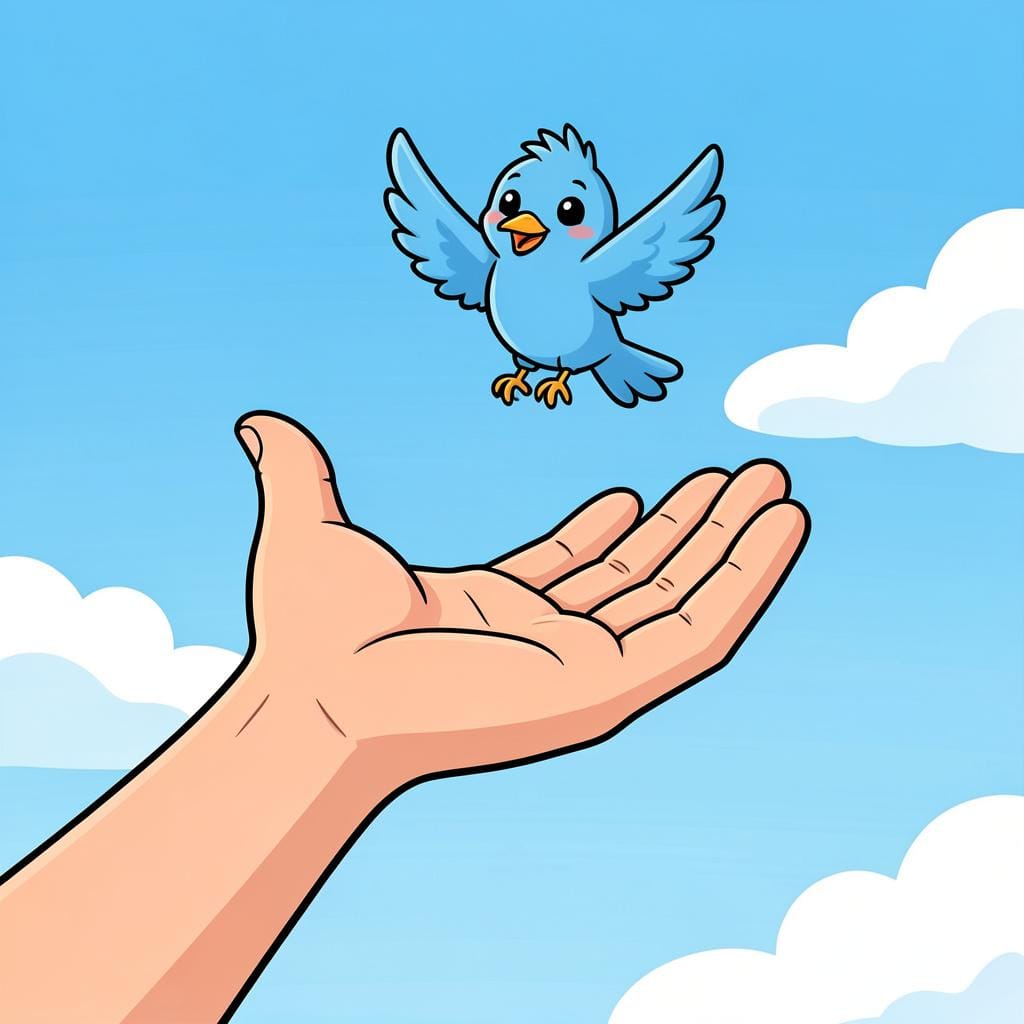A hand opening up to let a small blue bird fly away into the bright sky.