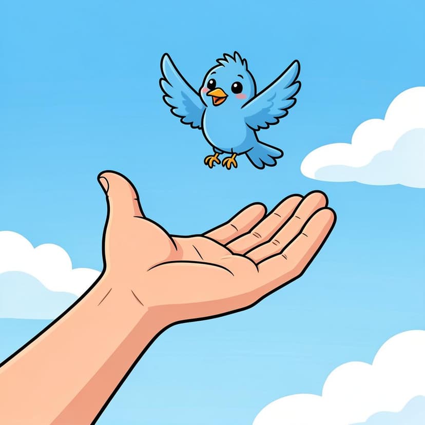 Una mano che si apre per lasciare volare via un piccolo uccello blu nel cielo luminoso.