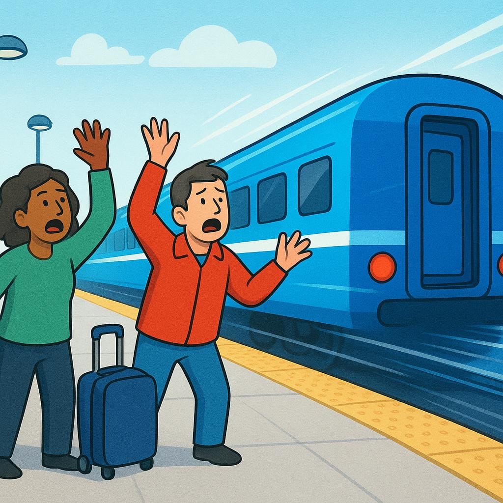 Two figures standing on an empty train platform, waving desperately as the back of a large blue train rapidly disappears around a curve.