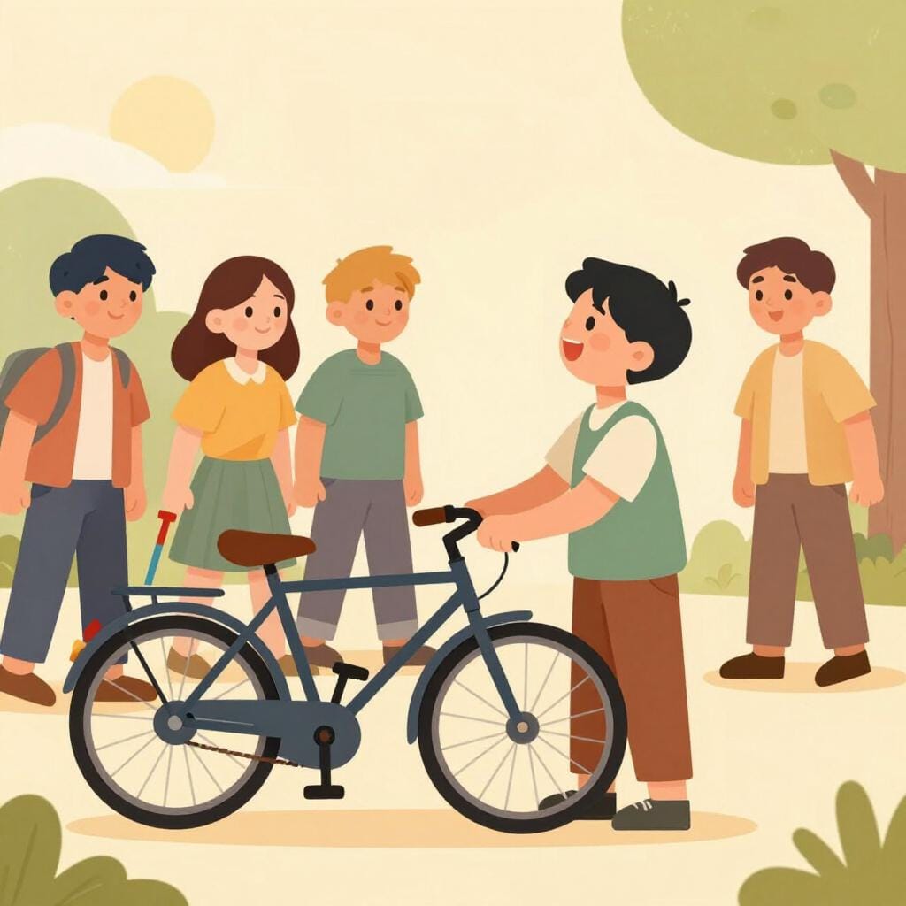 A person standing by a flat bicycle tire looking hopefully at a group of friends walking toward them with a pump.