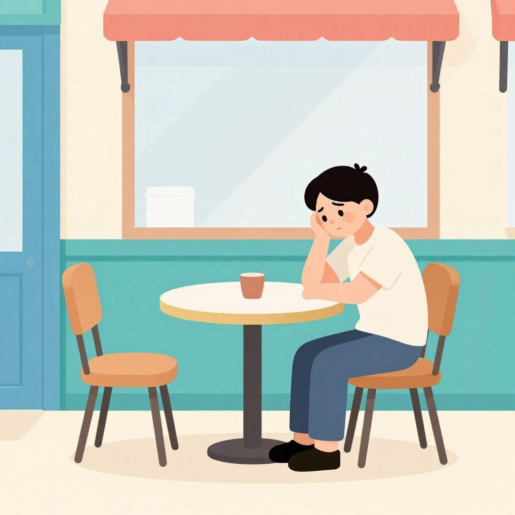 A person looking sad while sitting alone at a small table with two chairs.