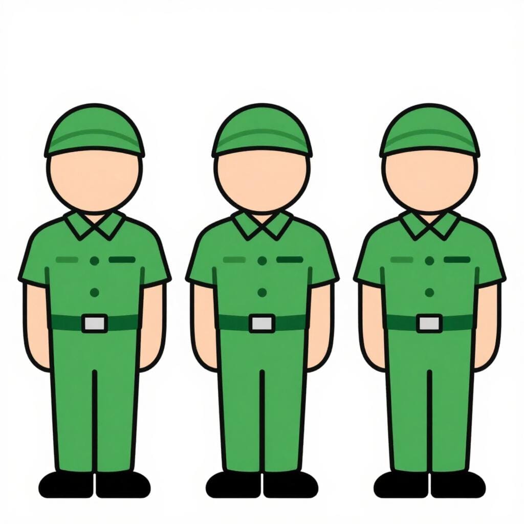 Een rij van drie geüniformeerde figuren die in formatie staan, wat een organisatorische eenheid symboliseert.