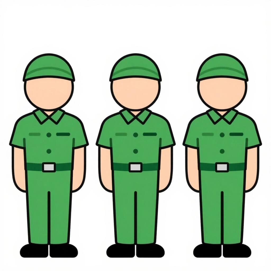 A line of three uniformed figures standing in formation, symbolizing an organizational unit.