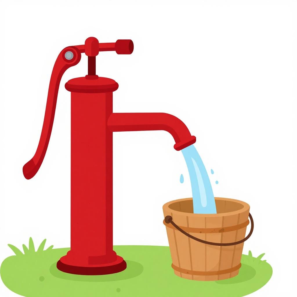 A classic bright red manual water pump standing in a green field with water flowing into a bucket.