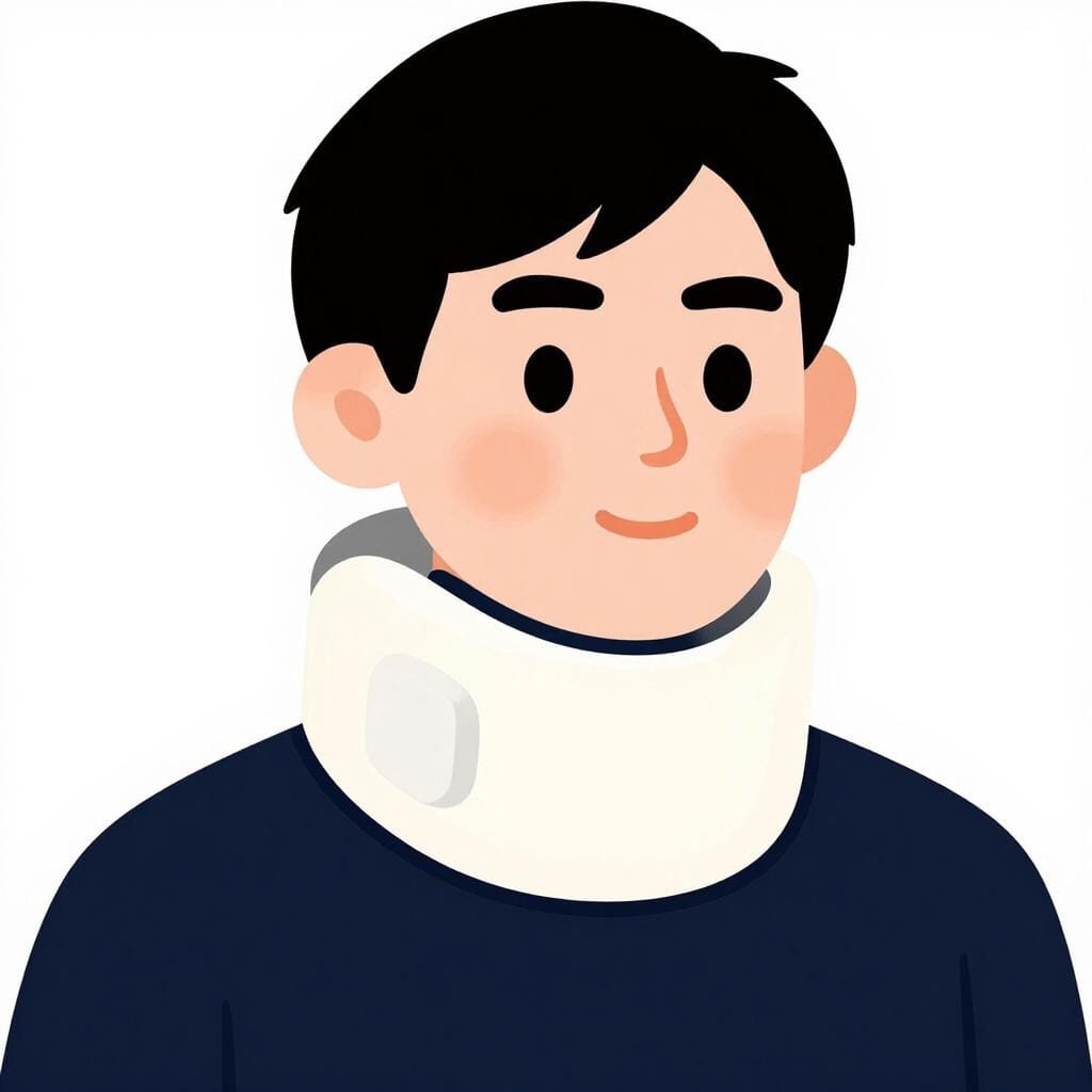 목에 작은 보조기를 착용한 양식화된 사람.