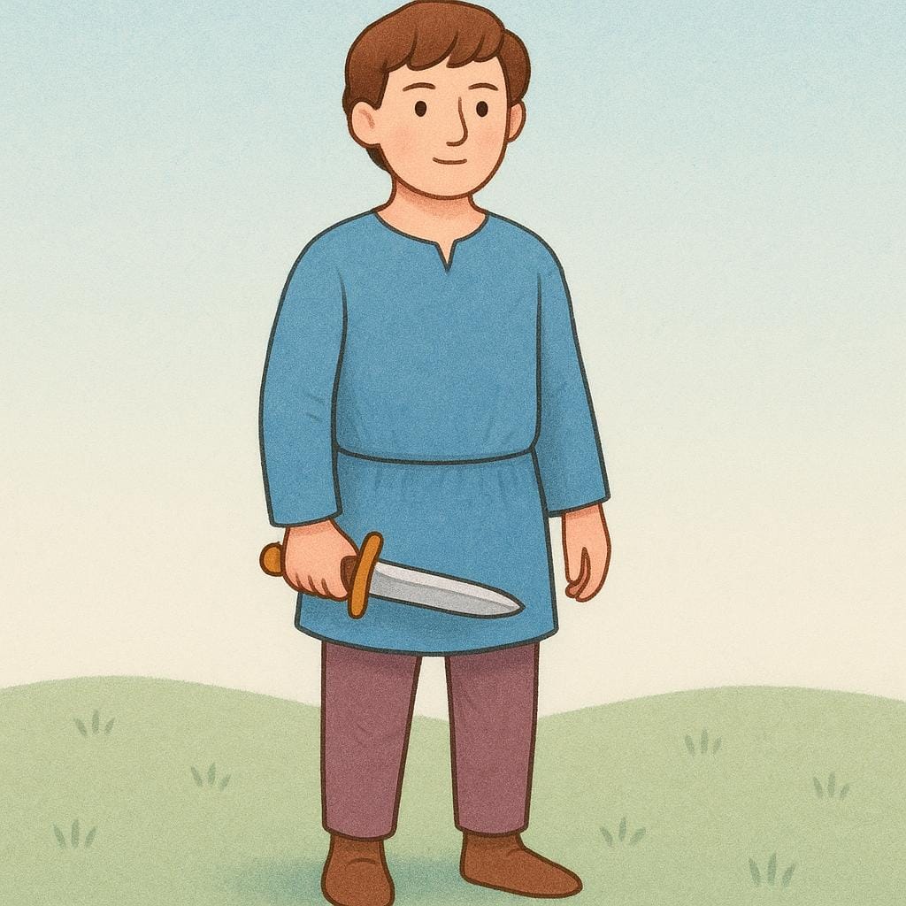 A storybook illustration of a person wearing simple clothes standing and holding a short sword.