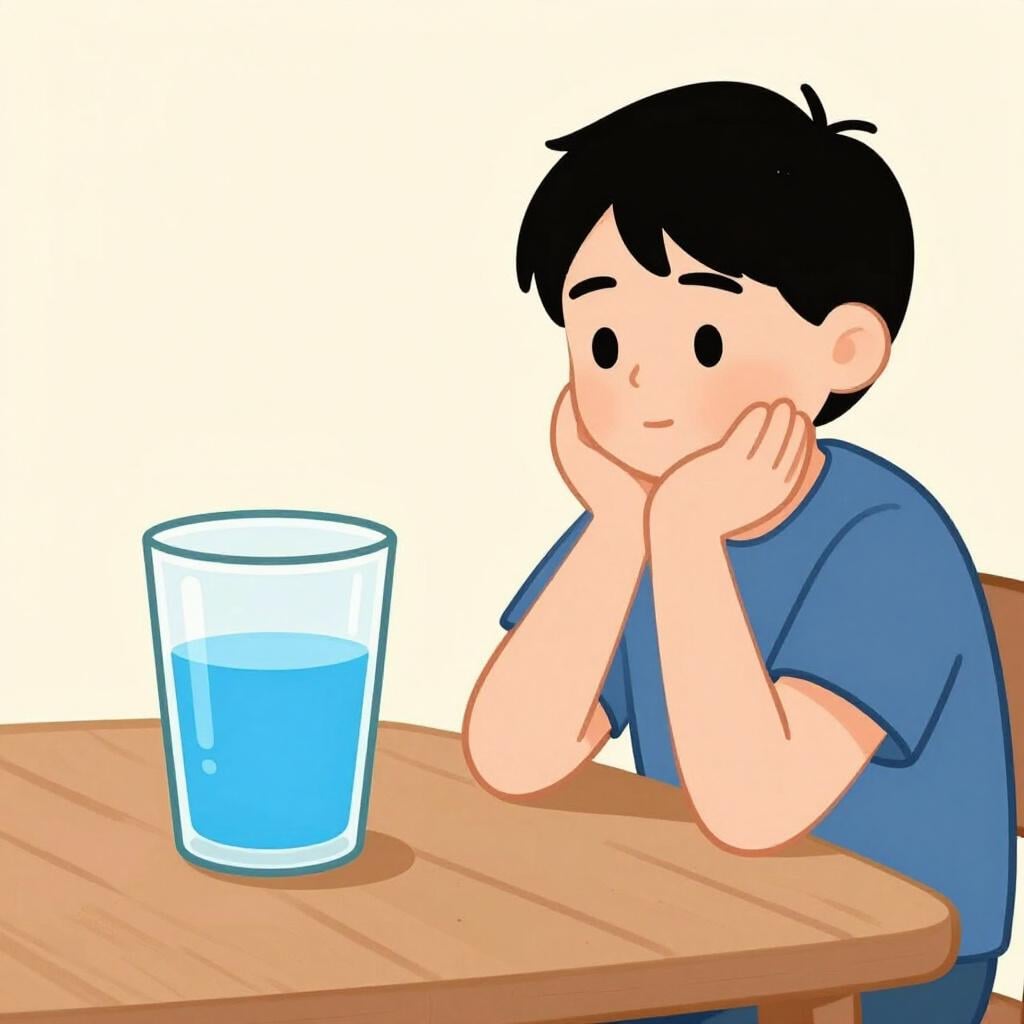 A person looking at a half-full glass of water with a thoughtful expression.