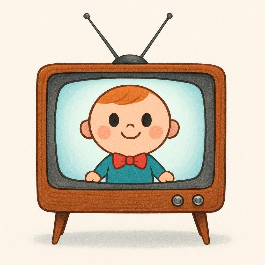 Een eenvoudige illustratie van een vintage televisie die een heldere, kleurrijke scène weergeeft.