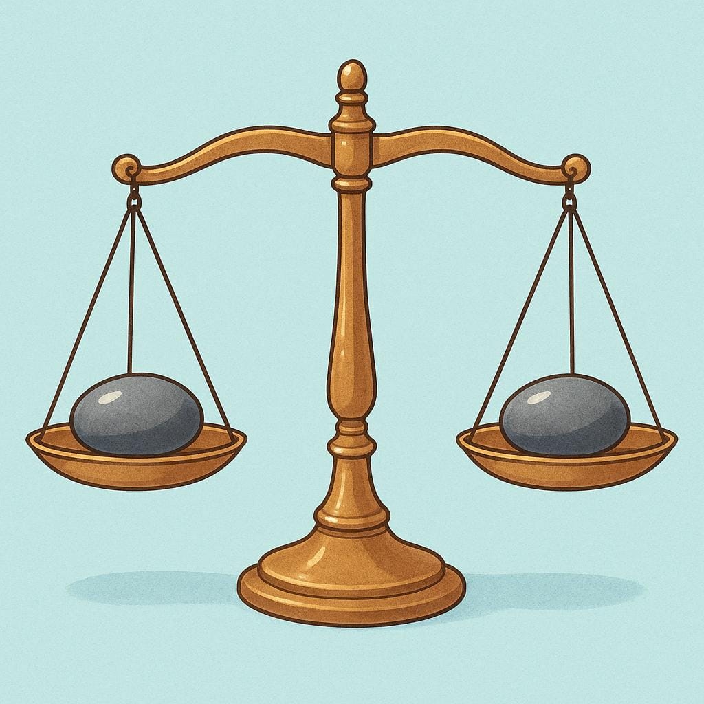 Un'illustrazione da libro di fiabe di una bilancia di ottone antica perfettamente bilanciata con due pietre identiche, che simboleggiano equità e obiettività.