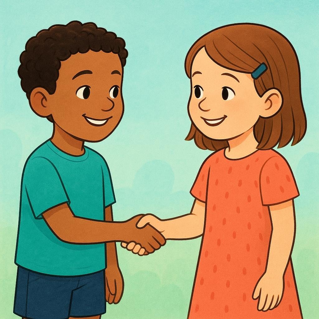 Two friendly cartoon characters, a boy and a girl, standing face-to-face and shaking hands, symbolizing their first meeting.