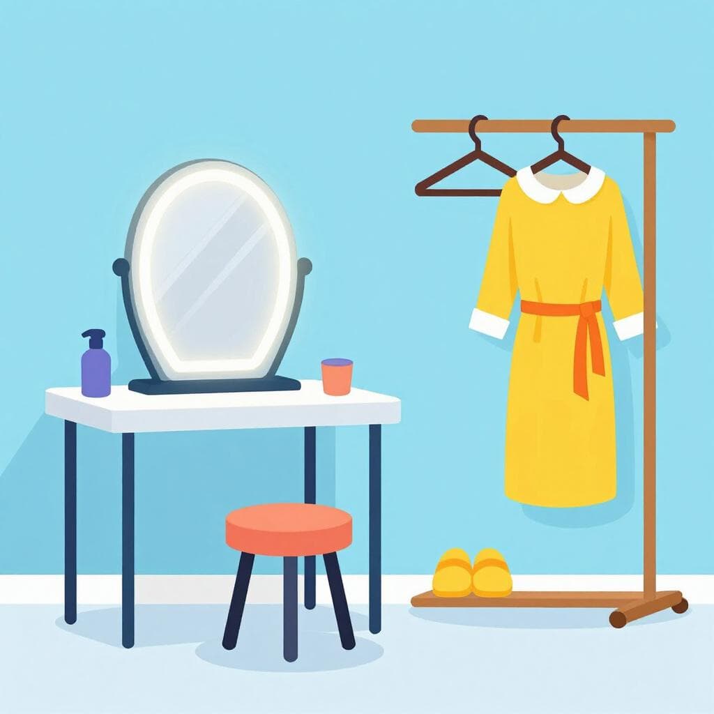 Ein bunter Ankleideraum mit beleuchtetem Schminkspiegel, einem Kostüm auf einem Kleiderbügel und einem Schminktisch.