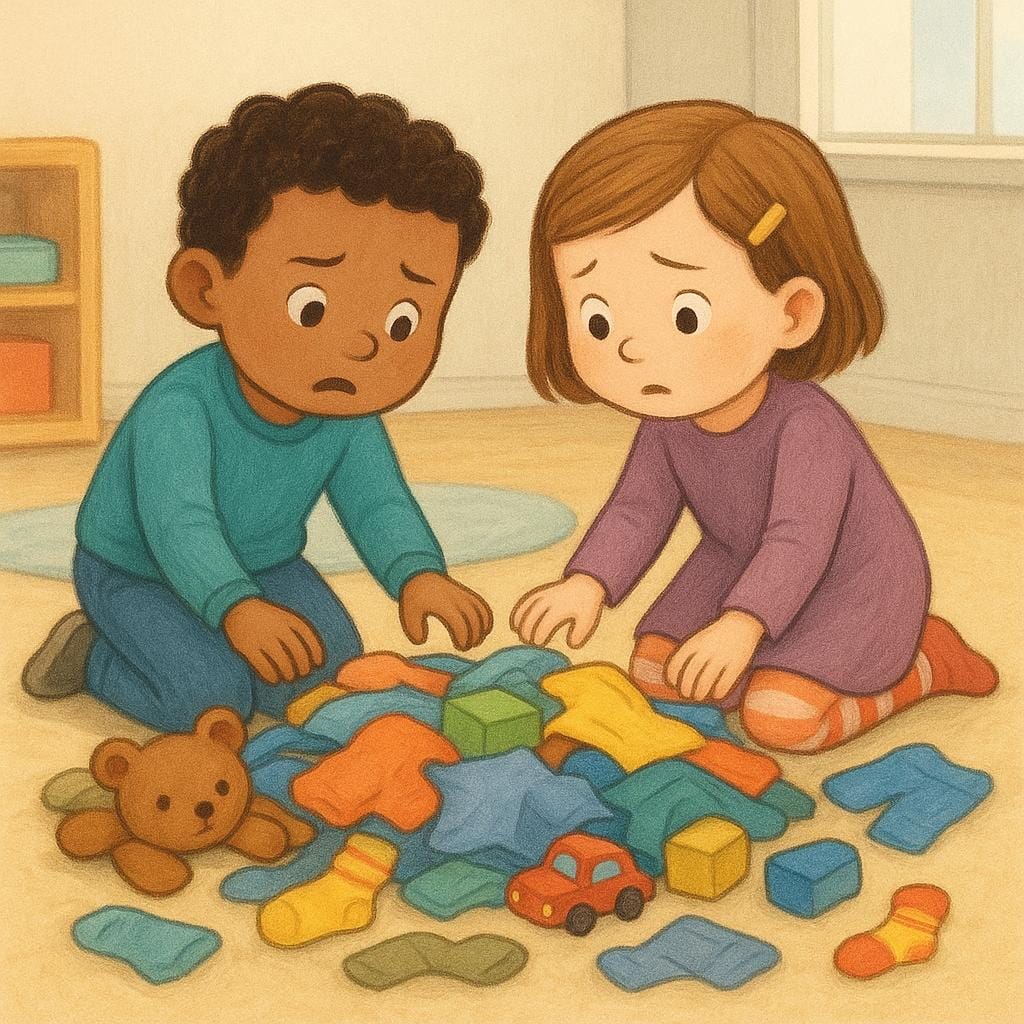 Two children kneeling on the floor, looking worried as they search frantically through a pile of toys and clothes for a specific missing sock.