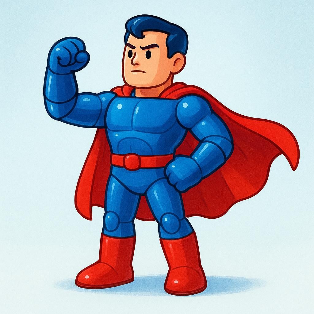 A plastic action figure of a superhero wearing a red and blue costume, standing in a dynamic, heroic pose.