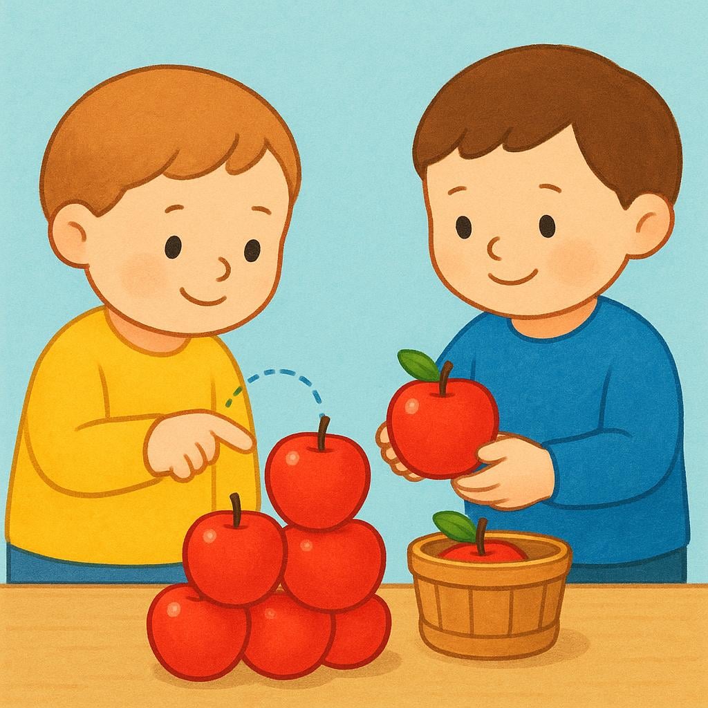 A storybook illustration showing a friendly figure counting a pile of bright red apples by pointing at them and placing them into a small wooden basket held by a second figure.