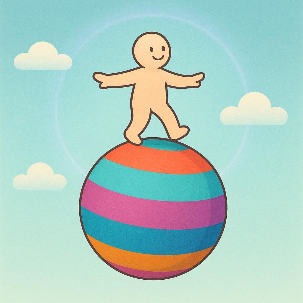 A stylized illustration of a person happily balanced on a giant, colorful striped ball, floating gently in the bright blue sky. The scene is surrounded by a soft, glowing, ethereal light, symbolizing a wish or desired condition.