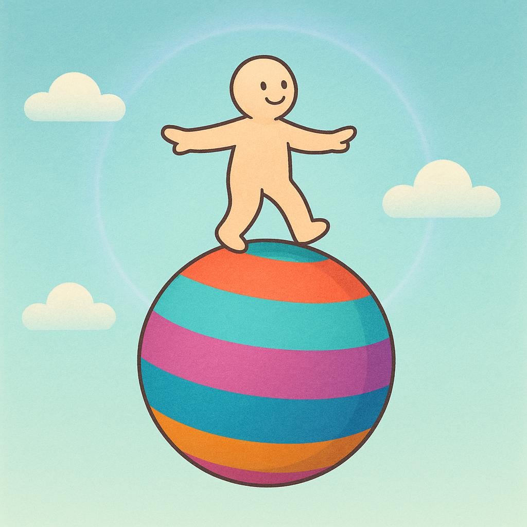 A stylized illustration of a person happily balanced on a giant, colorful striped ball, floating gently in the bright blue sky. The scene is surrounded by a soft, glowing, ethereal light, symbolizing a wish or desired condition.