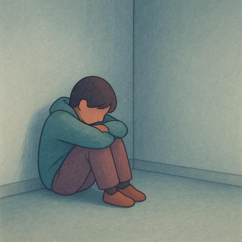 Eine einsame Gestalt sitzt kauernd in einem schwach beleuchteten, spärlichen Raum und vermittelt ein Gefühl tiefer Isolation und Verzweiflung.
