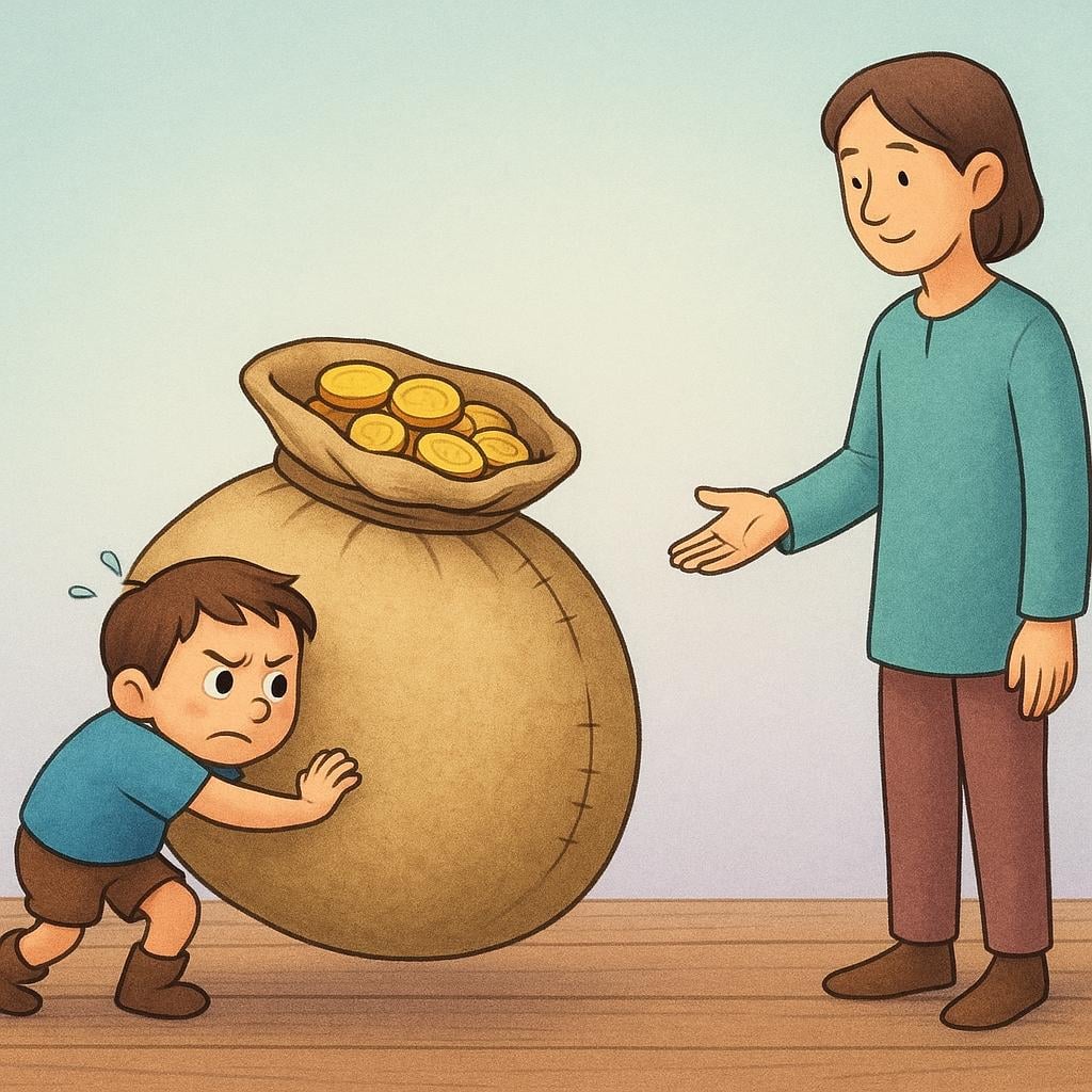 A small, worried figure strains to push a disproportionately large, heavy sack overflowing with gold coins across a floor toward a second, taller figure who stands waiting with an empty, expectant hand, symbolizing a financial debt.