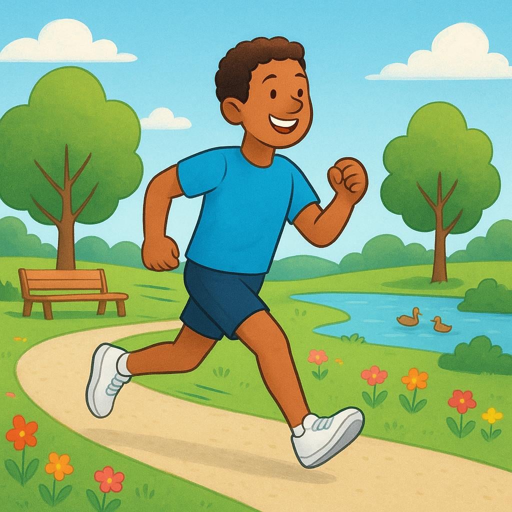 A stylized illustration of a smiling person jogging happily and energetically along a scenic park path, representing physical fitness.