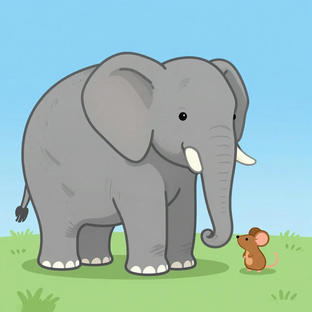 A very large elephant standing next to a tiny mouse on a simple green field.
