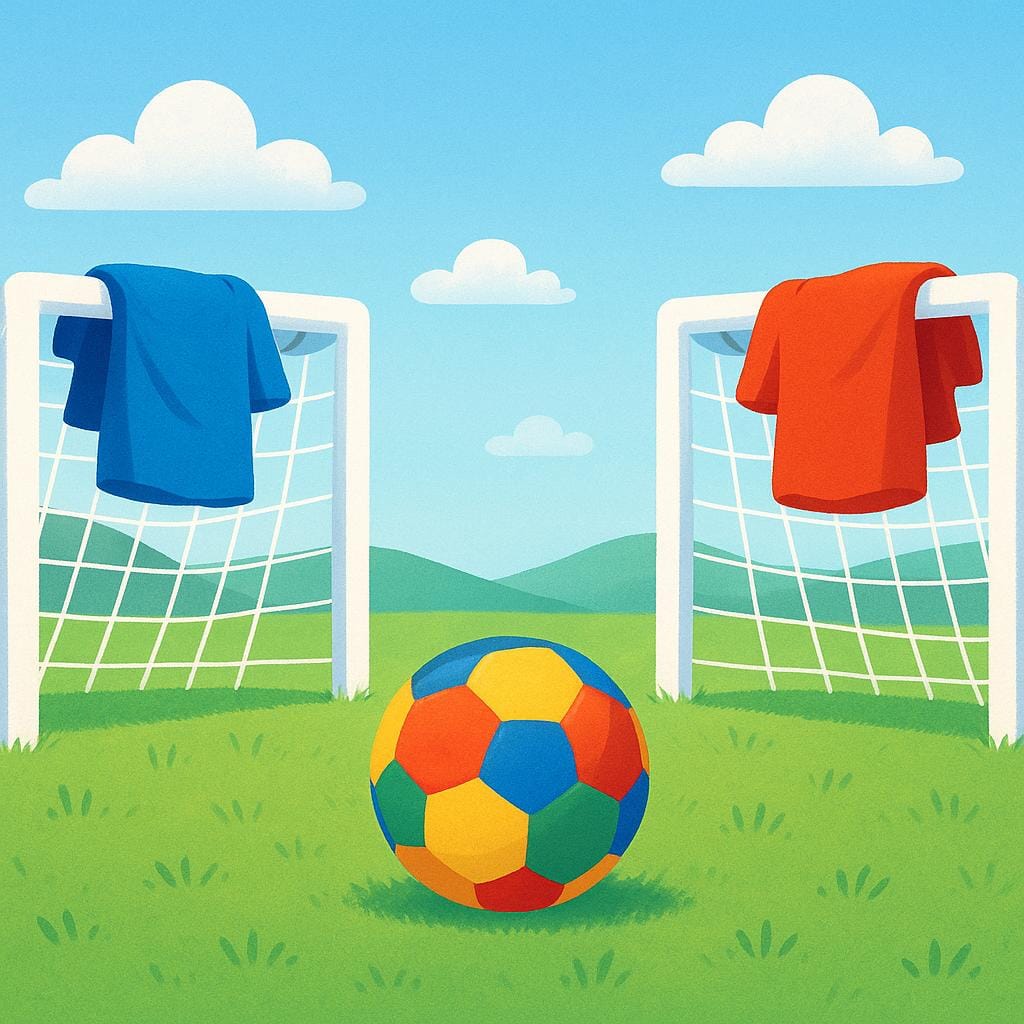 A brightly colored soccer ball sitting on a green field between two opposing goalposts, one draped with a blue jersey and the other draped with a red jersey, symbolizing a sports rivalry.
