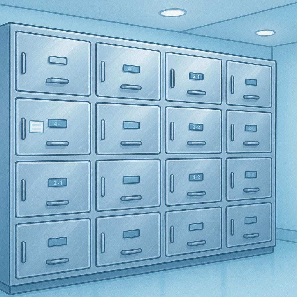 Une illustration de haute qualité montrant l'intérieur d'une pièce stérile et froide avec un grand mur de tiroirs de stockage réfrigérés en métal argenté, représentant un établissement pour conserver les corps.