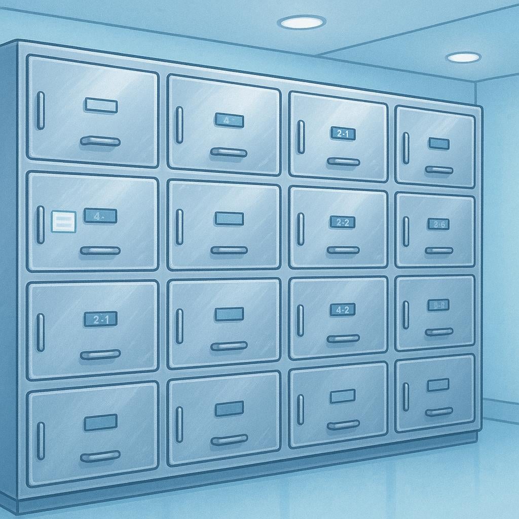 A high-quality illustration showing the interior of a sterile, cold room with a large wall of silver metal refrigerated storage drawers, representing a facility for keeping bodies.