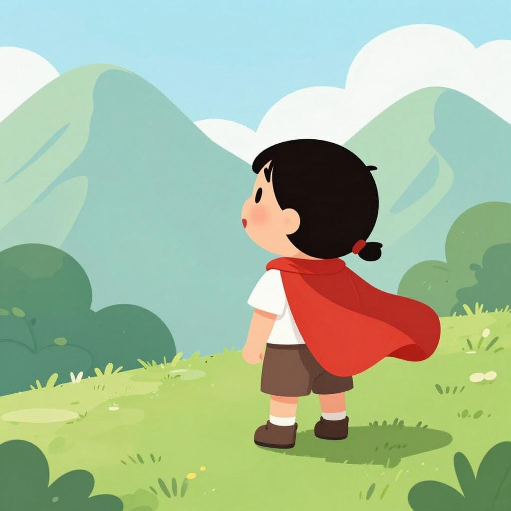 Un enfant avec une cape et une épée en bois se tenant bravement au sommet d'une colline herbeuse, regardant l'horizon.