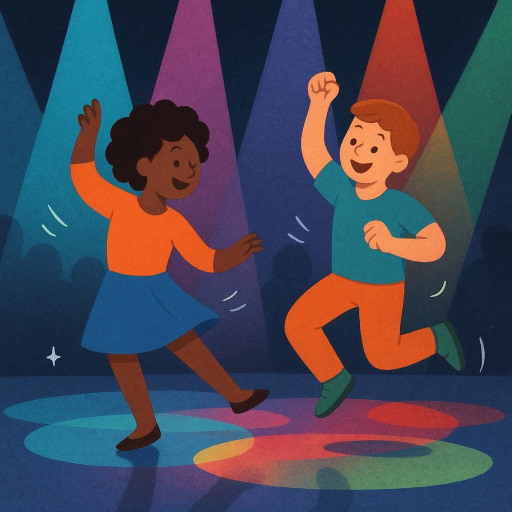 Silhouettes of people dancing under colorful, pulsating lights in a dark room, illustrating a nightlife venue.