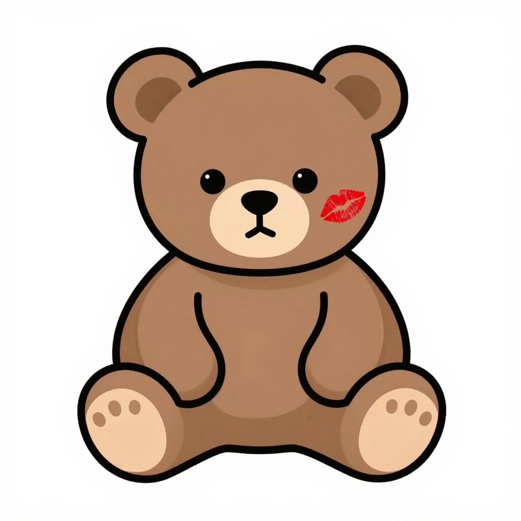 A teddy bear with a bright red lipstick mark on its fuzzy cheek.