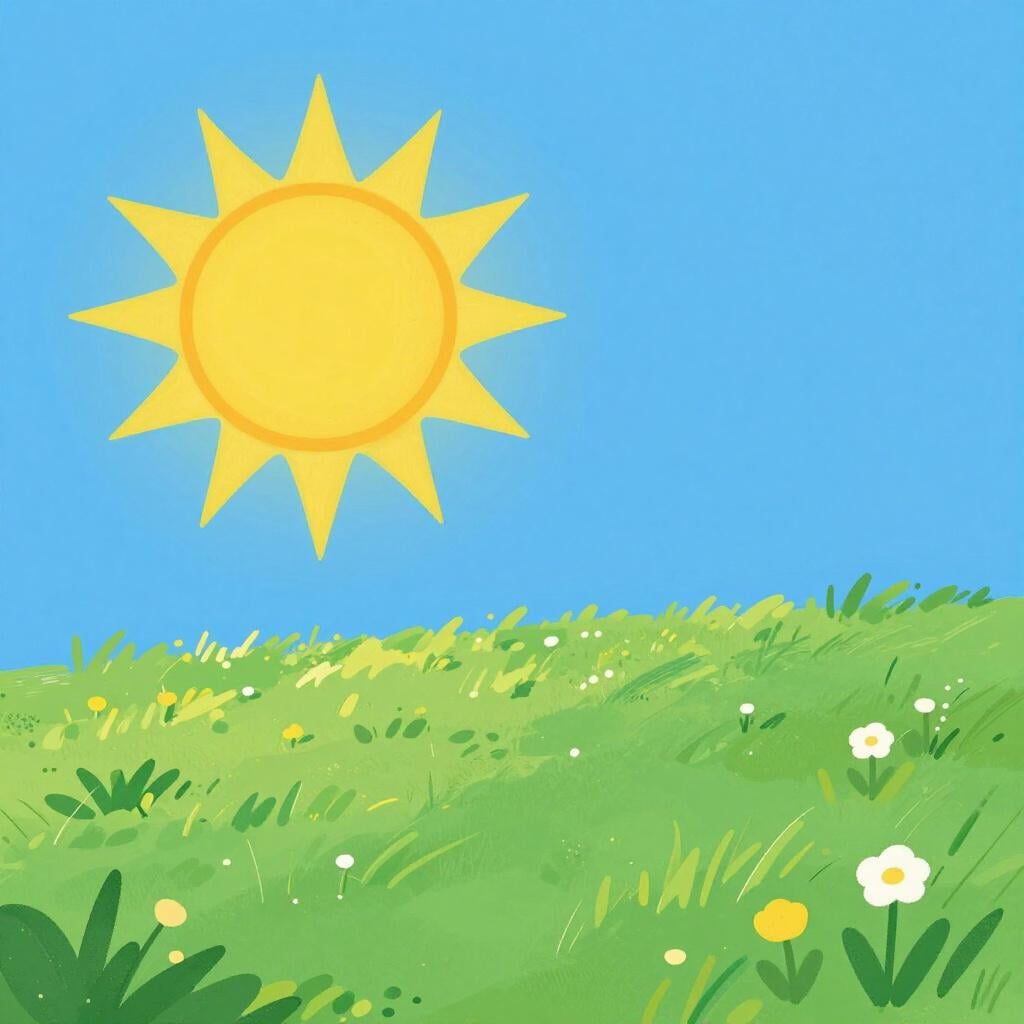 A vibrant landscape featuring a bright yellow sun in a clear blue sky over a green rolling hill.