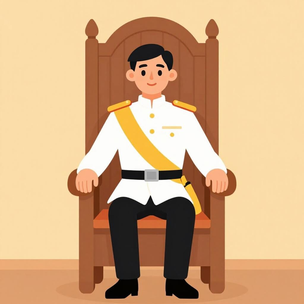 Une personne assise sur un grand trône en bois orné, portant un uniforme officiel avec une écharpe dorée.