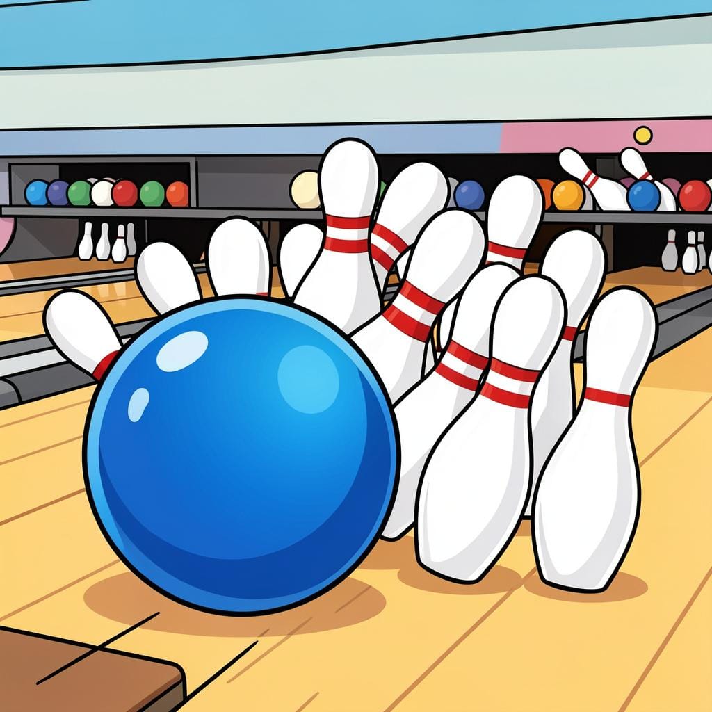 A bowling ball hitting the center pin and knocking down every single white pin.