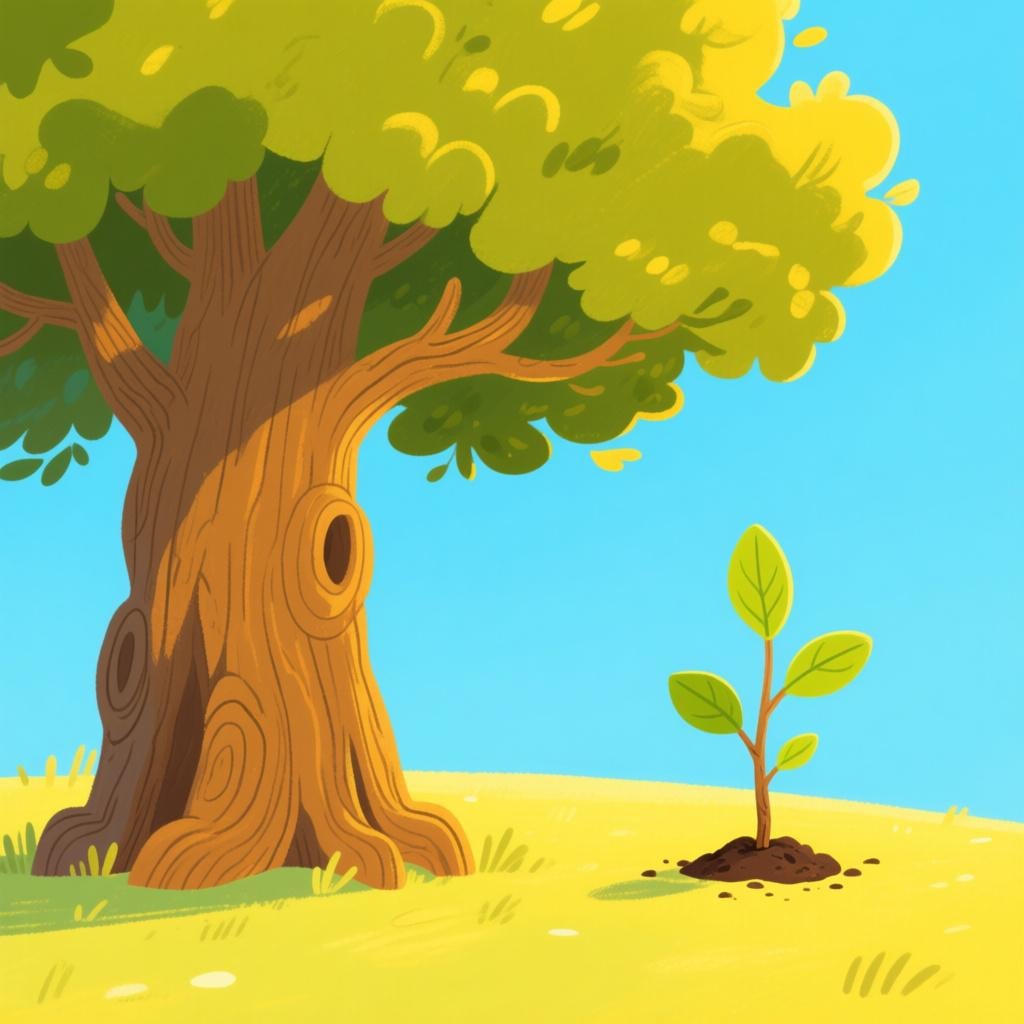 A scene showing a very large, mature oak tree next to a small, recently planted sapling, symbolizing the passage of time.