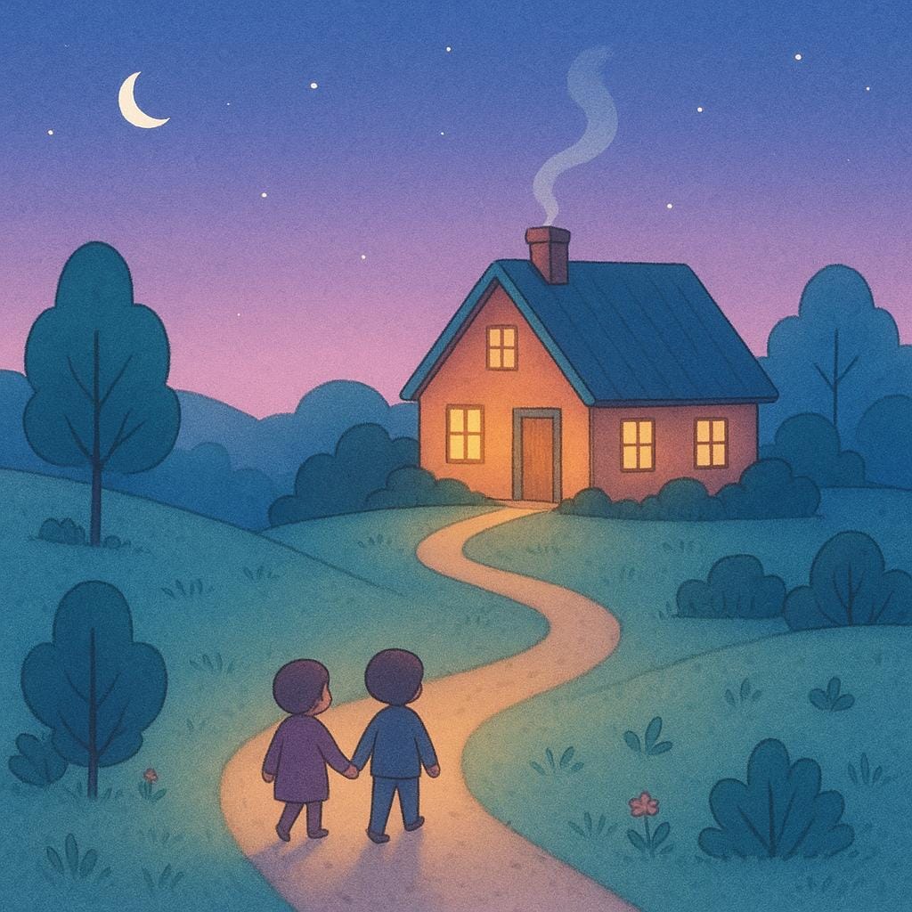 A colorful storybook illustration showing two small silhouettes walking along a gentle path towards a distant, brightly lit, welcoming house, symbolizing a return.