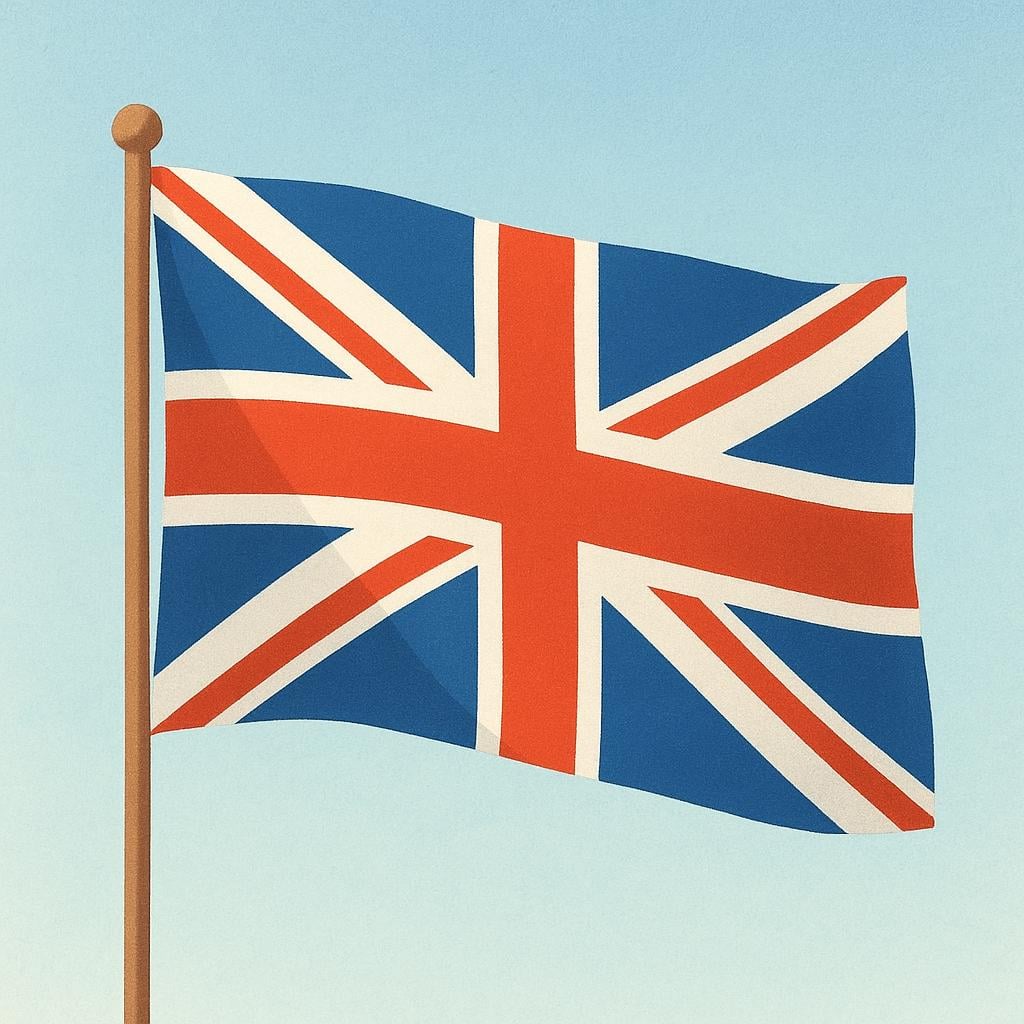 A high-quality storybook illustration of the Union Jack flag, featuring red, white, and blue diagonal and horizontal stripes.