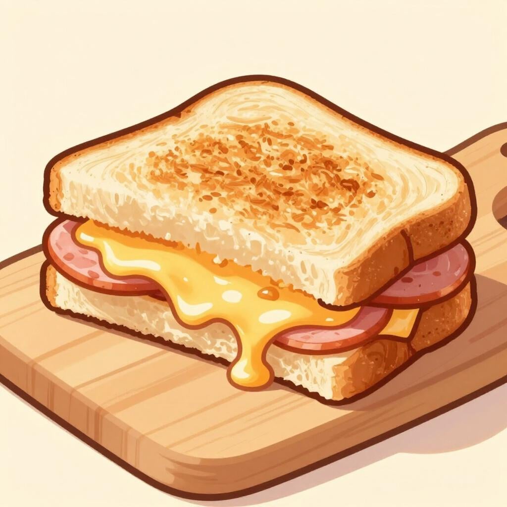 A toasted sandwich cut in half, showing melted cheese and ham inside.