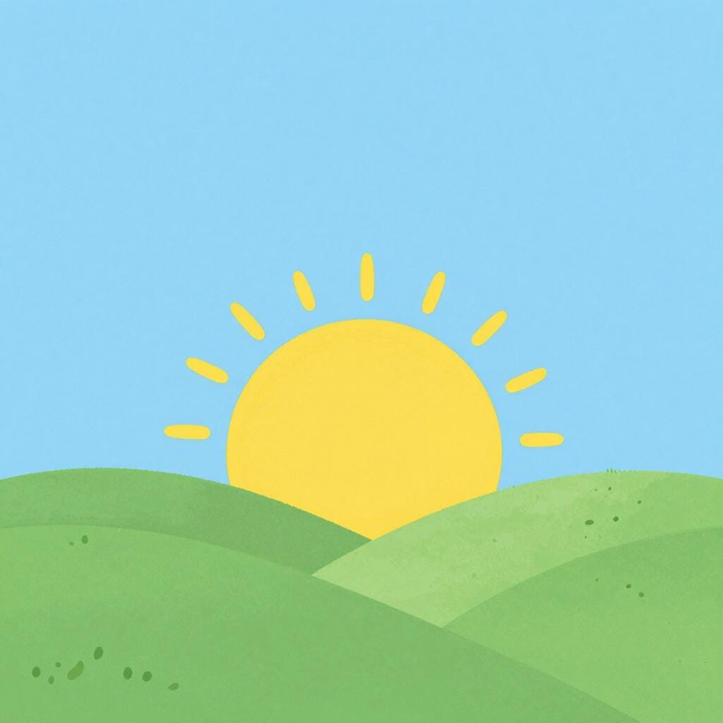 Eine strahlend gelbe Sonne, die über sanfte grüne Hügel mit einem klaren blauen Himmel aufgeht.